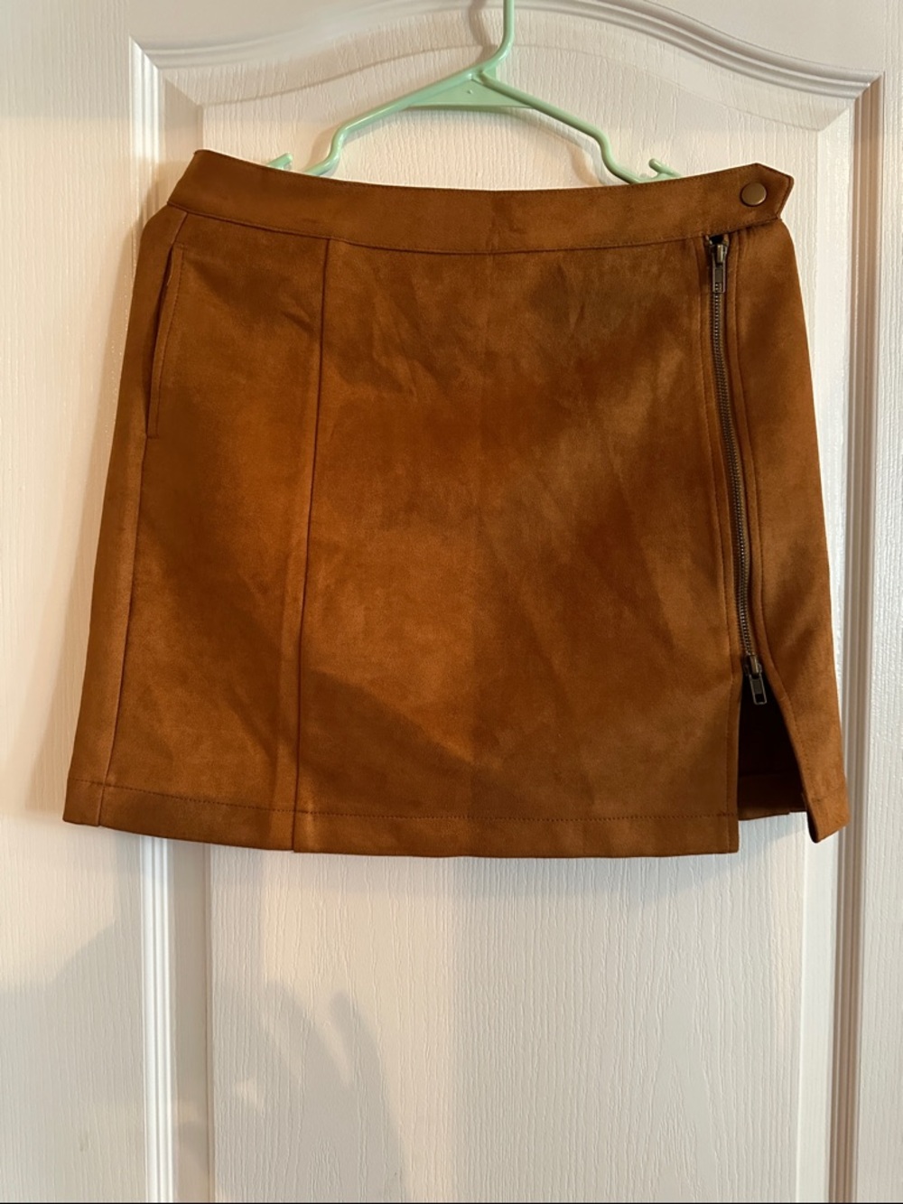 white birch Cognac Faux Suede Mini Skirt with Side Zip Detail